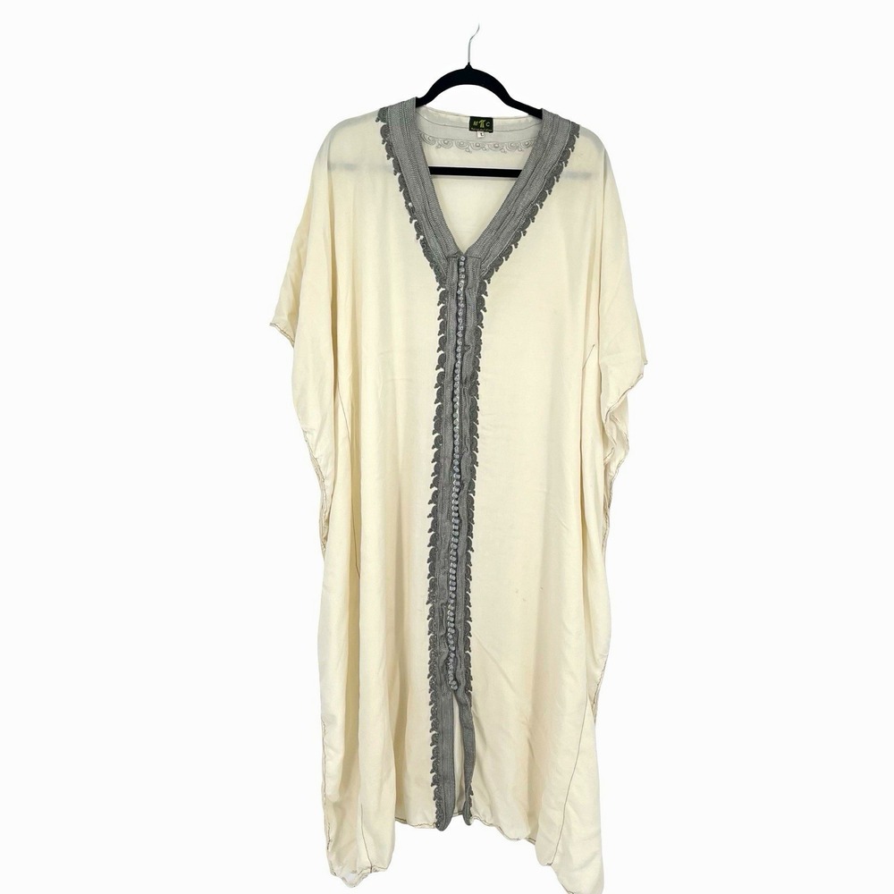 Maison du Caftan Women's L Ivory Gray Embroidered Kaftan Dress Open Front